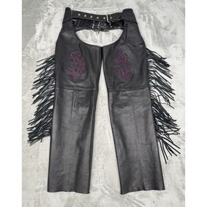 Vintage Leather Fringe Chaps Womens Medium Black Motorcycle Biker Floral 90s Y2K